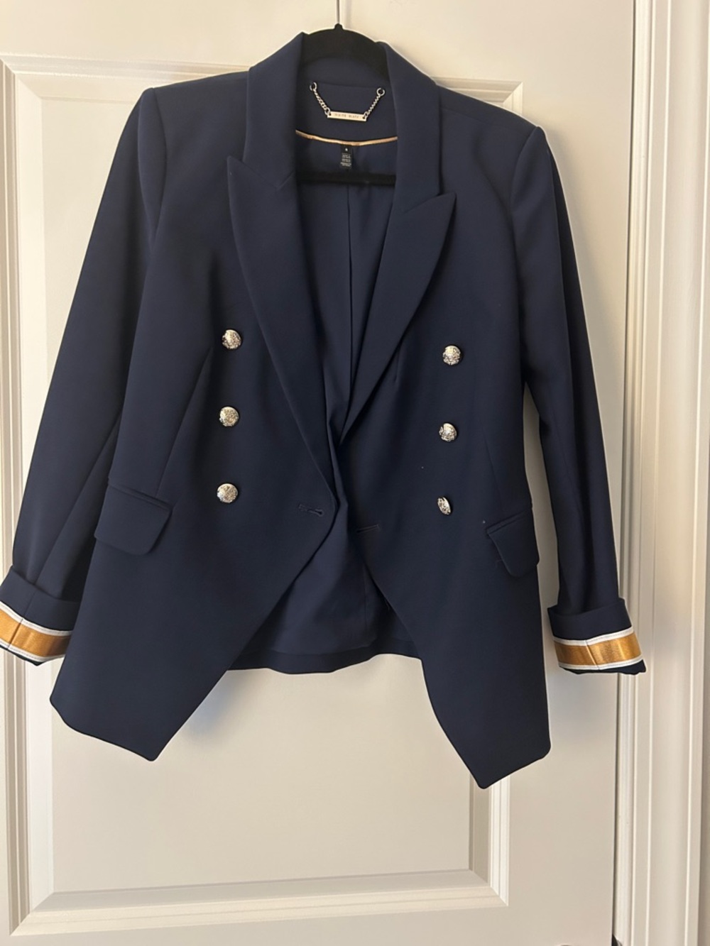 White House Black Market Navy Double-Breasted Blazer with Gold Trim